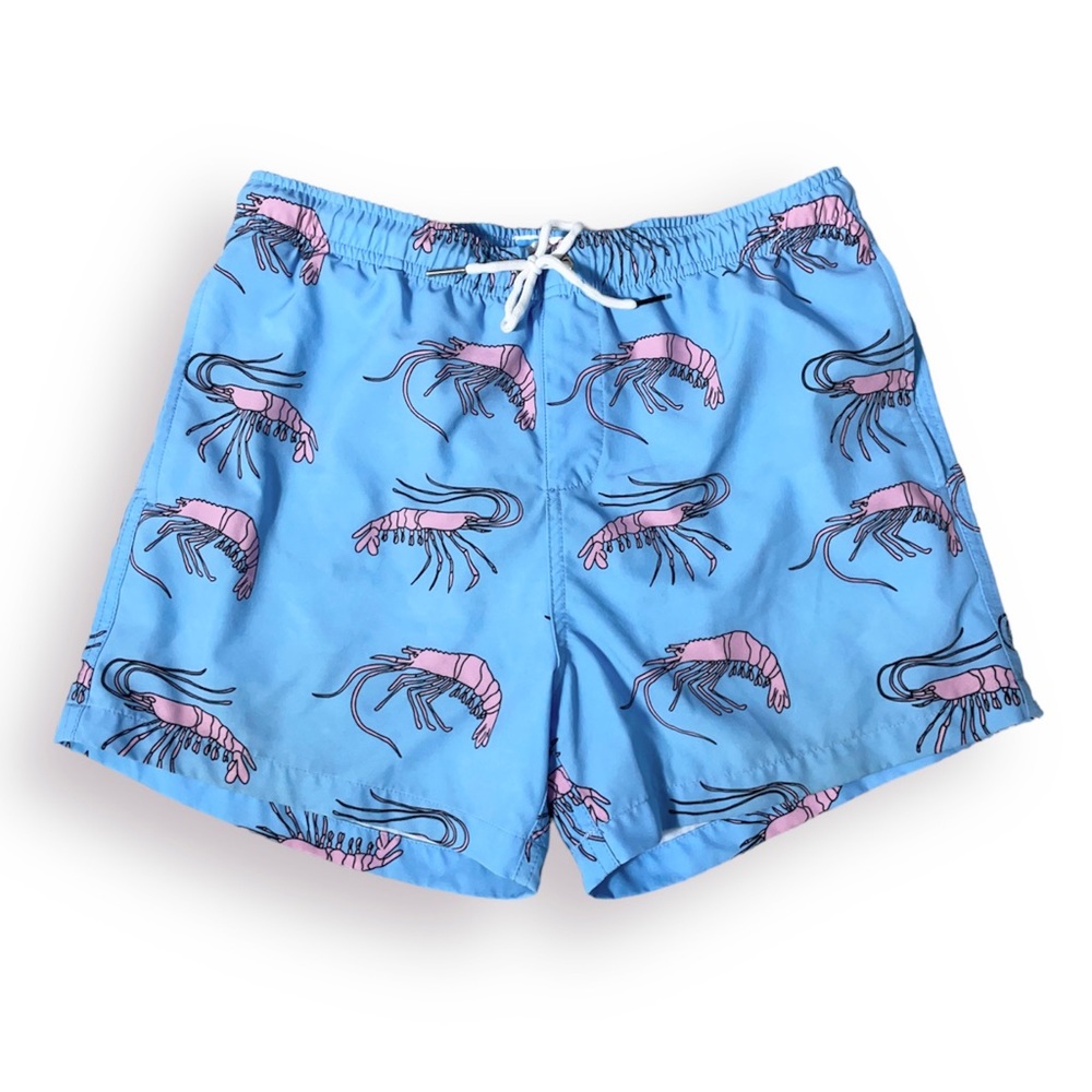Bermies blue swim trunks w/ pink cartoon prawns 🦐